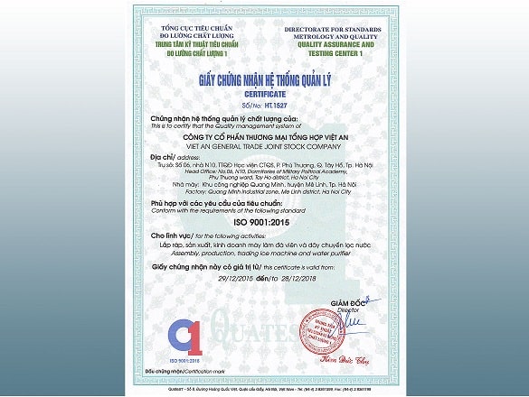 Việt An đạt chứng nhận tiêu chuẩn ISO 9001:2015 năm 2015